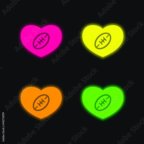 American Football Heart four color glowing neon vector icon