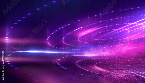 Abstract neon futuristic background. Distortion of light rays. Dark futuristic scene, smoke, smog, rays and lines. Illusion fantastic, neon background, tunnel. Dark street scene with neon lights. 