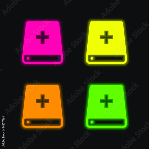 Bible With Cross Symbol Variant four color glowing neon vector icon
