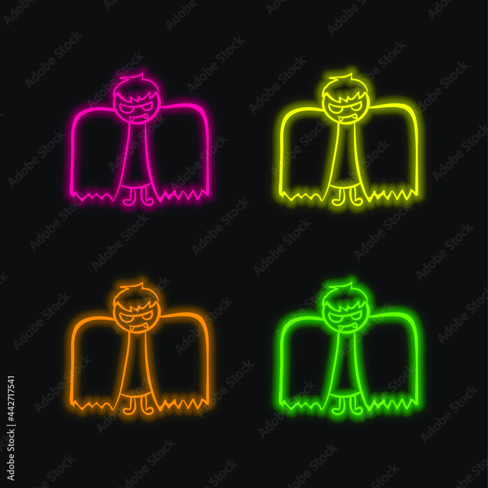 Boy With Halloween Winged Costume four color glowing neon vector icon