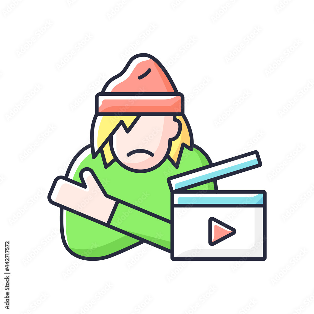 Social videos RGB color icon. Cinematography for public awareness campaign. Documentary on poverty. Filmmaking on social issue. Isolated vector illustration. Videography simple filled line drawing