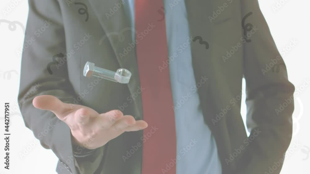 Animation of businessman throwing and catching nut and bolt, on white background Animation of businessman throwing and catching nut and bolt, on white background