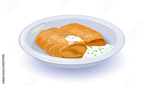 Ukrainian national dish, meal served with sour cream and greenery. Vector stuffed cabbage leaves with meat or other ingredient, vegetarian, food idea isolated o white background