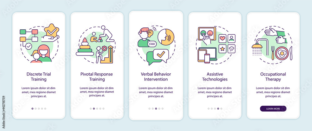Autistic behavior correction onboarding mobile app page screen. Assistive technology walkthrough 5 steps graphic instructions with concepts. UI, UX, GUI vector template with linear color illustrations