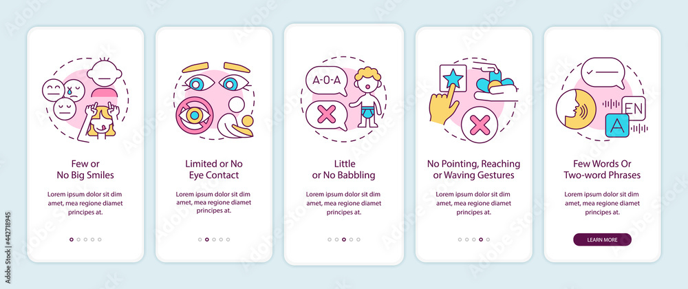 Autism signs in kids onboarding mobile app page screen. No big smiles, eye contact walkthrough 5 steps graphic instructions with concepts. UI, UX, GUI vector template with linear color illustrations