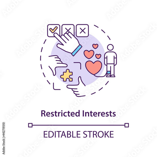 Restricted interests concept icon. Autism symptom abstract idea thin line illustration. Obsessions, compulsions. Strong, limited interests. Vector isolated outline color drawing. Editable stroke