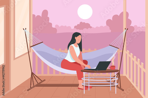 Woman in hammock with laptop flat color vector illustration. Relaxation in home backyard. Weekend lounge. Freelancer resting outdoors 2D cartoon character with cozy sunset landscape on background