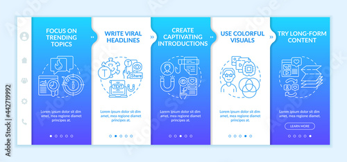 Popular content creation tips onboarding vector template. Responsive mobile website with icons. Web page walkthrough 5 step screens. Captivating introductions color concept with linear illustrations