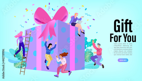 Special offer and gift concept. A group of happy people celebrate around a giant present box with a bow. Vector illustration for a customer reward program, bonus, giveaway, promotional sales banner.