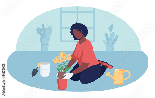Woman gardening indoors 2D vector isolated illustration. Leisure activity while staying at home. Girl with houseplant flat character on cartoon background. Creative hobby colourful scene