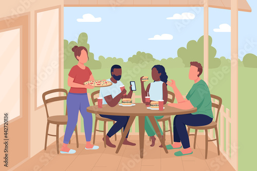 Friends at outdoor dinner party flat color vector illustration. Leisure activity with pizza eating. Men and women 2D cartoon characters with home patio and summer landscape on background
