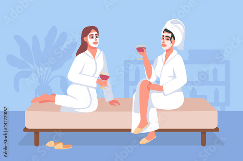 Spa day at home flat color vector illustration. Women in cosmetic facial masks and bath robes drink wine and relax. Friends 2D cartoon characters with cozy home interior on background