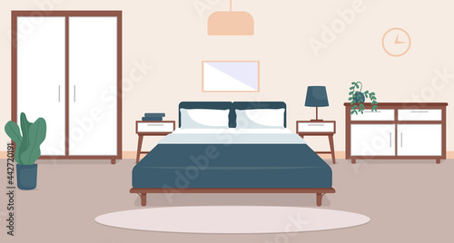Bedroom interior flat color vector illustration. Cozy living room. Residential lifestyle. Double sized bed. Household room with furniture. Modern home 2D cartoon interior with furnishing on background