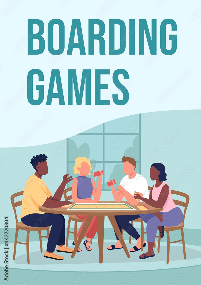 Boarding games poster flat vector template. Friends playing together at ...