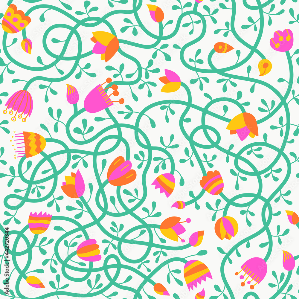 Vector seamless pattern of climbing plants. Floral doodle illustration for wrapping paper, postcard, wallpaper