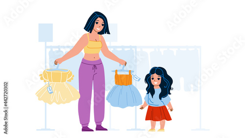 Girl Kid Shopping And Choose Dress In Store Vector. Mother And Kid Shopping In Shop And Choosing Beautiful Clothing. Characters Mom And Child Seasonal Discount Flat Cartoon Illustration