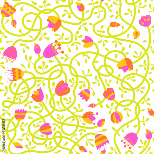 Fototapeta Naklejka Na Ścianę i Meble -  Vector illustration of beautiful flowers. Doodle seamless pattern with intertwined plants for decor, background