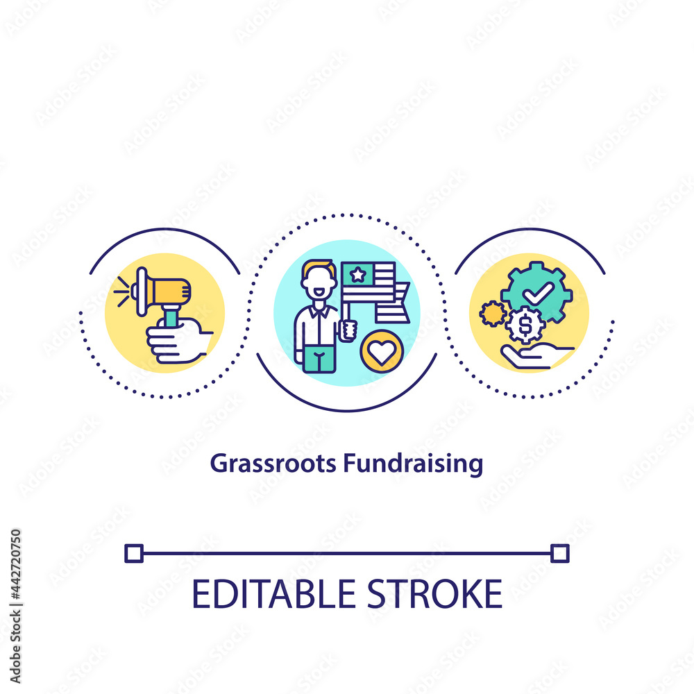 Grassroots fundraising concept icon. Money gathering methods. Funding campaigns with money investments idea thin line illustration. Vector isolated outline color drawing. Editable stroke