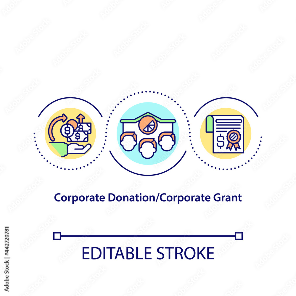 Corporate donation and corporate grant concept icon. Money collection strategy. Funds investment idea thin line illustration. Vector isolated outline color drawing. Editable stroke