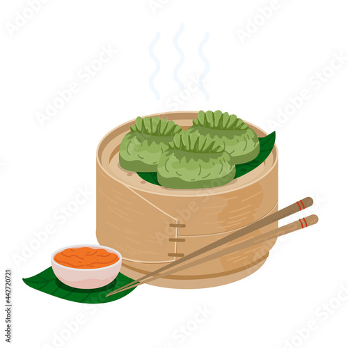 Homemade chinese cuisine Steamed Baozi with bamboo steamer. Green dumplings in bamboo basket. Vector vegetable spinach steam momo with chopsticks and chutney sauce.