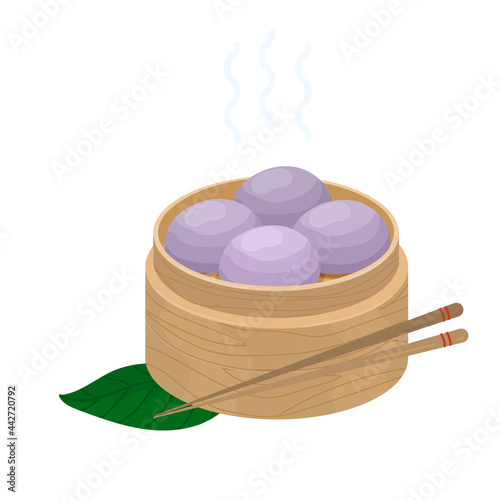 Purple sweet taro steamed buns. Chinese pastries with purple sweet potato Yam Bao Ube Pao. Vector of Steam taro yam buns in wooden steamer with sticks. Icon with asian meal isolated on white