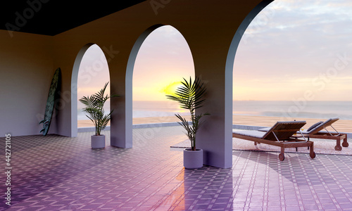 3d render of a patio along the ocean at sunset © Jennifer