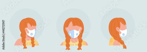 Female with white respirator semi flat color vector character avatar with mask set. Portrait from front and side view. Isolated modern cartoon style illustration for graphic design and animation pack