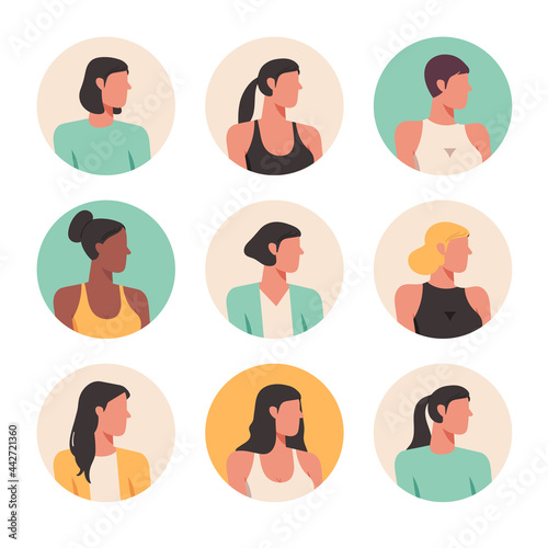 female faces avatars isolated at round icons set, people portraits of young women, vector design flat style illustration