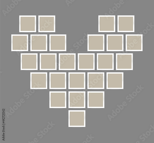 Heart made of Photo cards. Mood Board or Collage. Vector realistic square photo frames. Mockup for posters, montage, congratulations, photo album, presentation. 25 empty pictures. EPS10.