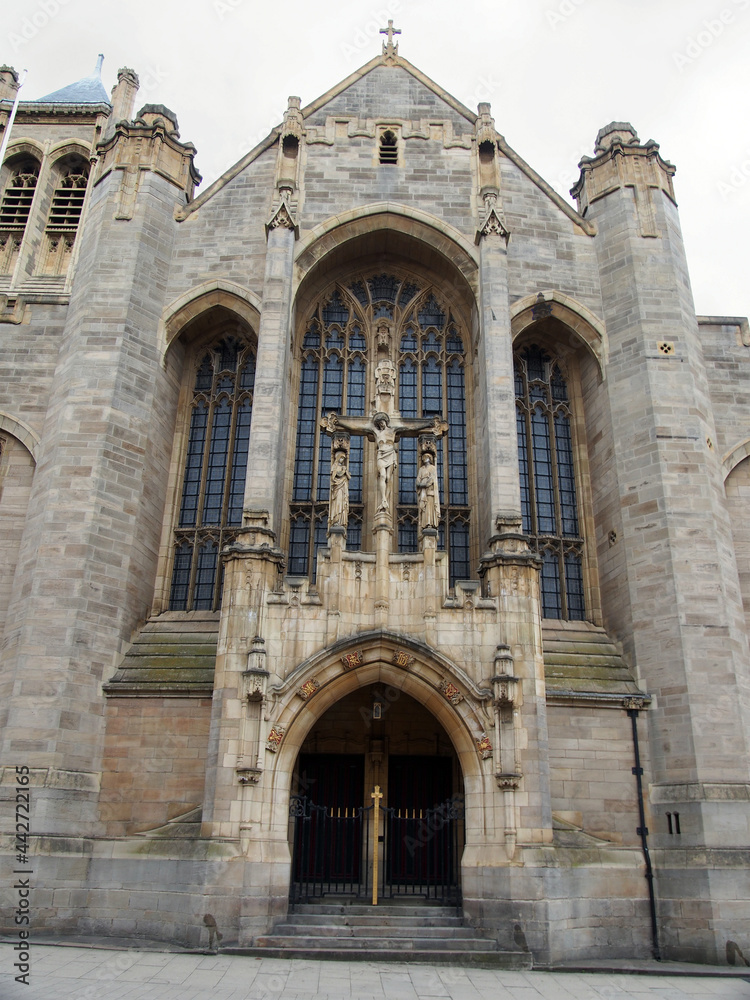 close up view of the street entrance to the leeds catholic cathedral of saint annes in leeds city centre, west yorkshire
