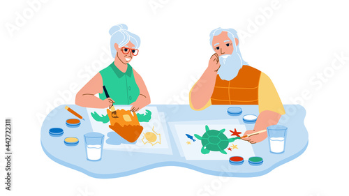 Senior Man And Woman Painting In Art Class Vector. Elderly Grandfather And Grandmother Couple Drawing Image In Art Studio Together. Characters Creativity Occupation Flat Cartoon Illustration
