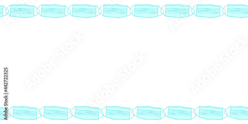 Vector frame, backdrop with medical face masks in doodle style. Horizontal top and bottom edging, border, divider for theme of virus protection, medicine, quarantine, coronavirus pandemic, covid-19