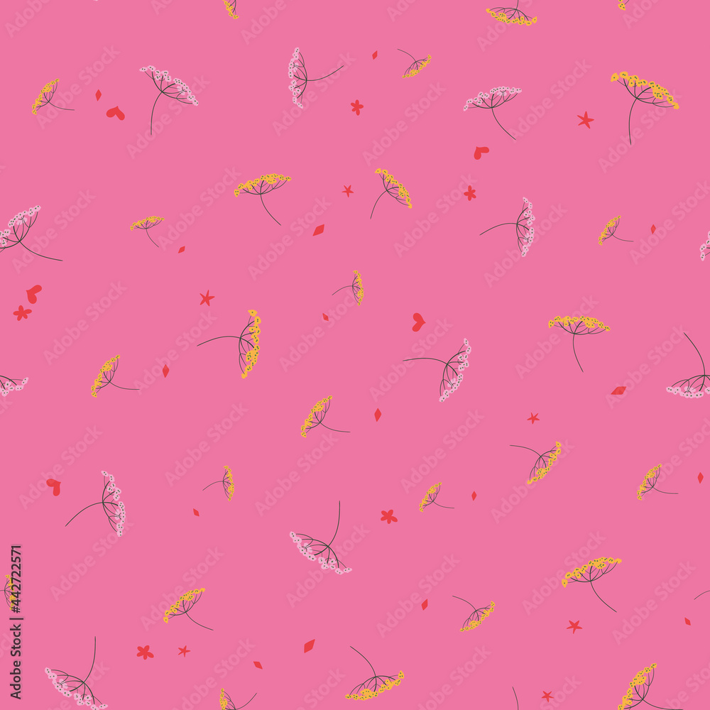 ditsy wildflowers seamless vector pattern on pink