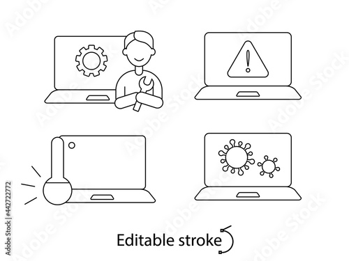 Computer problems attention outline icons set. Laptop overheating. Notebook repairs