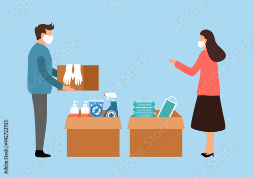 Humanitarian help and donate glove, medical face mask, hand sanitizer, alcohol wipes and virus disinfection spray during Covid19 coronavirus outbreak. 