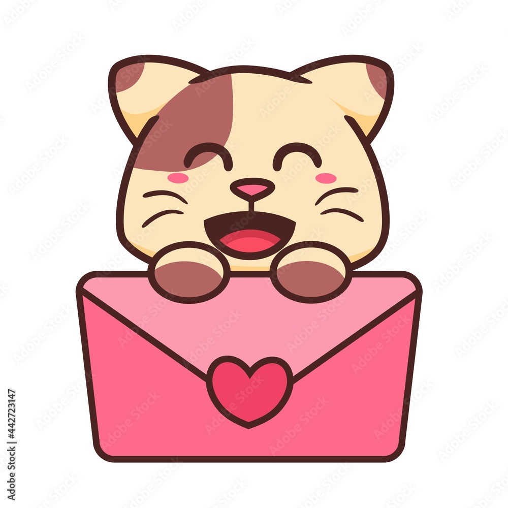 Obraz premium Cute Adorable Happy Brown Cat Take Love Mail Message Character cartoon doodle vector illustration flat design style