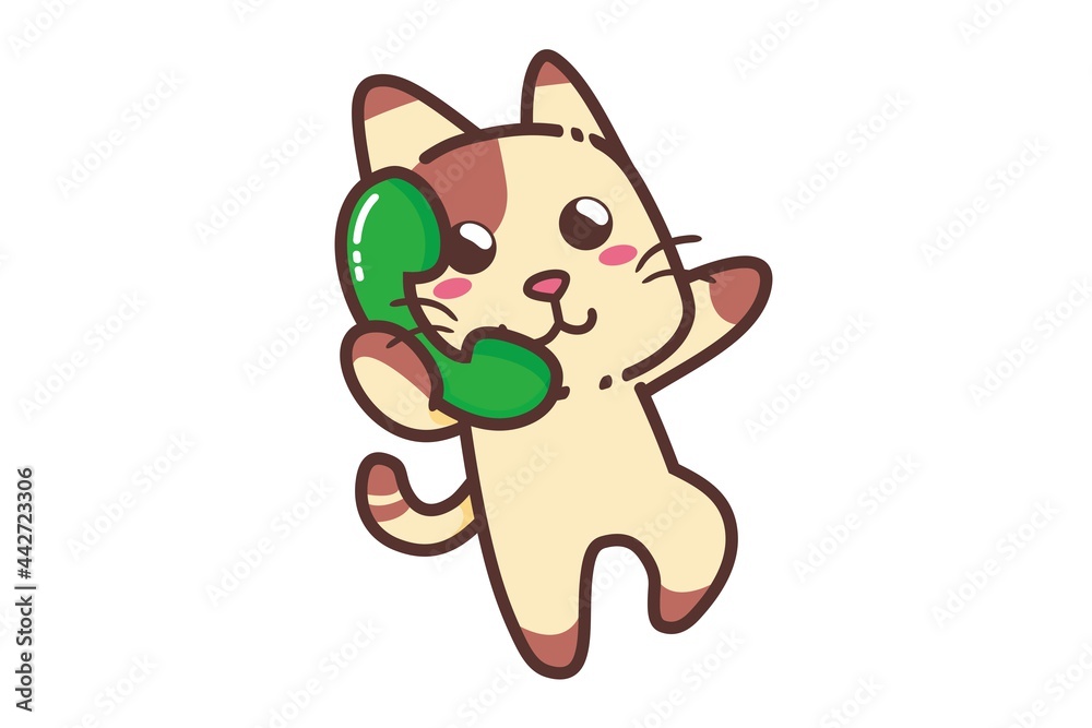 Cute Adorable Happy Brown Cat and Green Telephone cartoon doodle vector illustration flat design style Cute Adorable Happy Brown Cat and Green Telephone cartoon doodle vector illustration flat design style