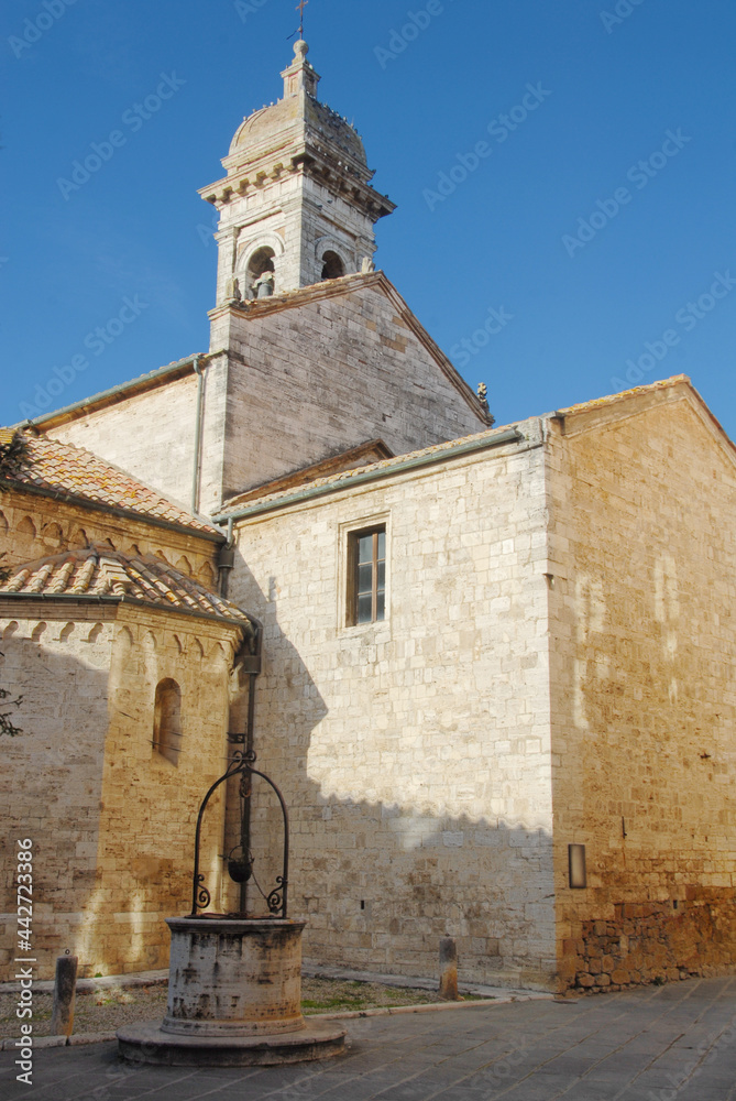  the Collegiate of Santi Quirico e Giulitta is an ancient tuscany stone church in the Val d'Orcia