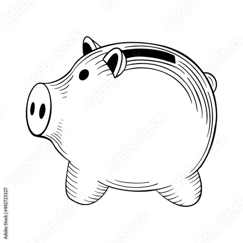 Piggy bank sketch in vintage style. Outline object isolated on white background. Vector illustration.