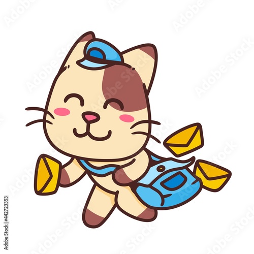 Happy Brown Cat Postman Mail Deliver cartoon doodle vector illustration flat design style