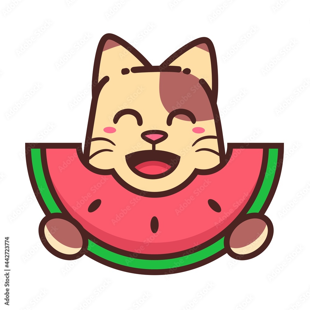 Cute Adorable Happy Brown Cat Eat Watermelon cartoon doodle vector illustration flat design style Cute Adorable Happy Brown Cat Eat Watermelon cartoon doodle vector illustration flat design style