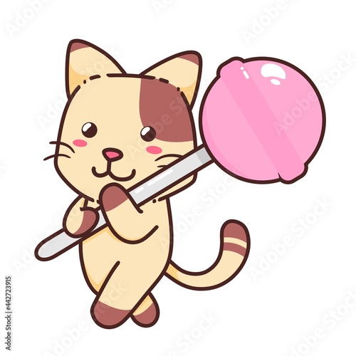 Cute Adorable Happy Brown Cat Eat Pink Lollipop Candy cartoon doodle vector illustration flat design style