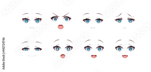 Anime manga necko cat girl expressions eyes set. Japanese cartoon style