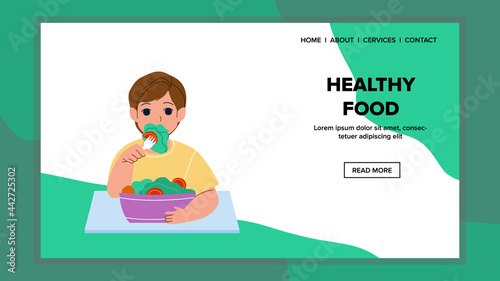 Healthy Food Dish Eating Little Boy Kid Vector. Preteen Child Eat Healthy Food, Vegetarian Salad With Tomatoes Ingredients Organic Dish. Character Taste Vegetables Meal Web Flat Cartoon Illustration
