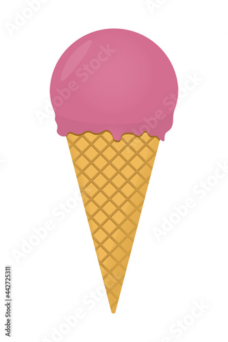 Strawberry ice cream waffle cone. Frozen dessert vector illustration.