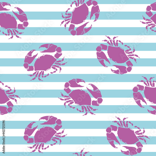 Blue white striped seamless vector pattern of cute pink crabs