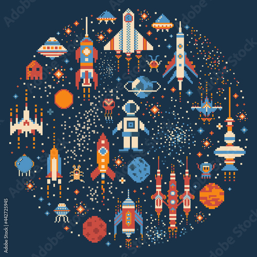 Fototapeta Naklejka Na Ścianę i Meble -  Pixel Art Retro Space Adventure Circle Print