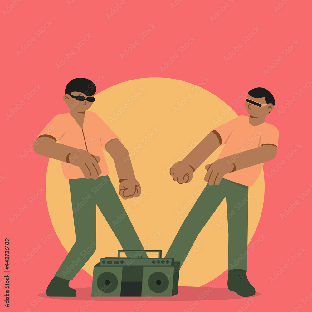 Two black men dancing with boombox in 90's Two black men dancing with boombox in 90's