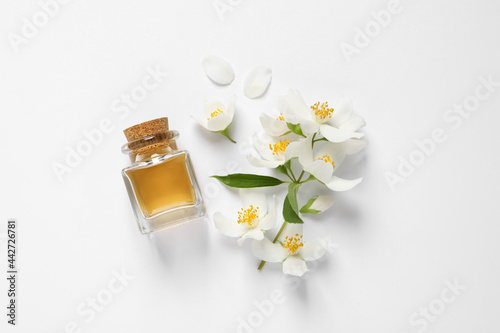 Tela Jasmine essential and fresh flowers on white background, top view