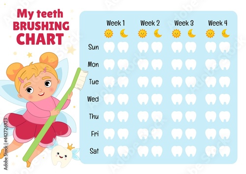 Teeth brushing chart. Protection teeth concept. Vector illustration of a cute tooth fairy with a toothbrush in his hands.
